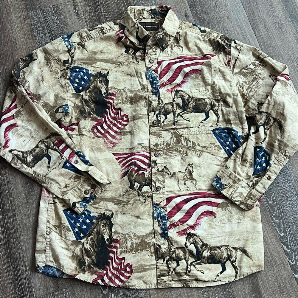Bit & Bridle Men's Patriotic Horse Print Shirt - Beige and Blue